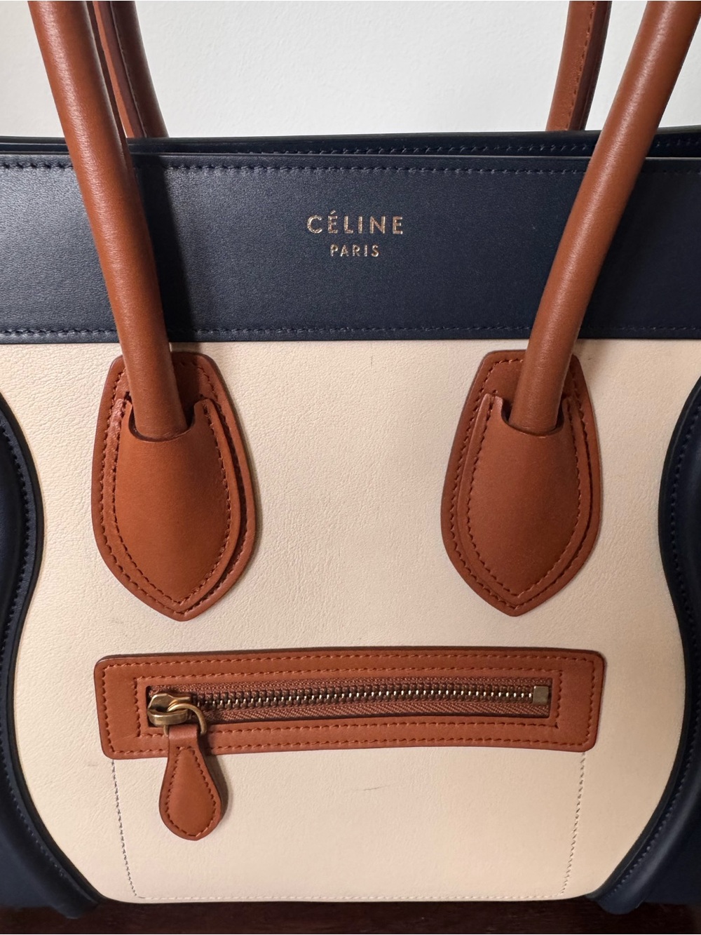 NWOT Celine Leather Micro Luggage Tote in Navy, Cream & Cognac/Deep Camel - Picture 2 of 11